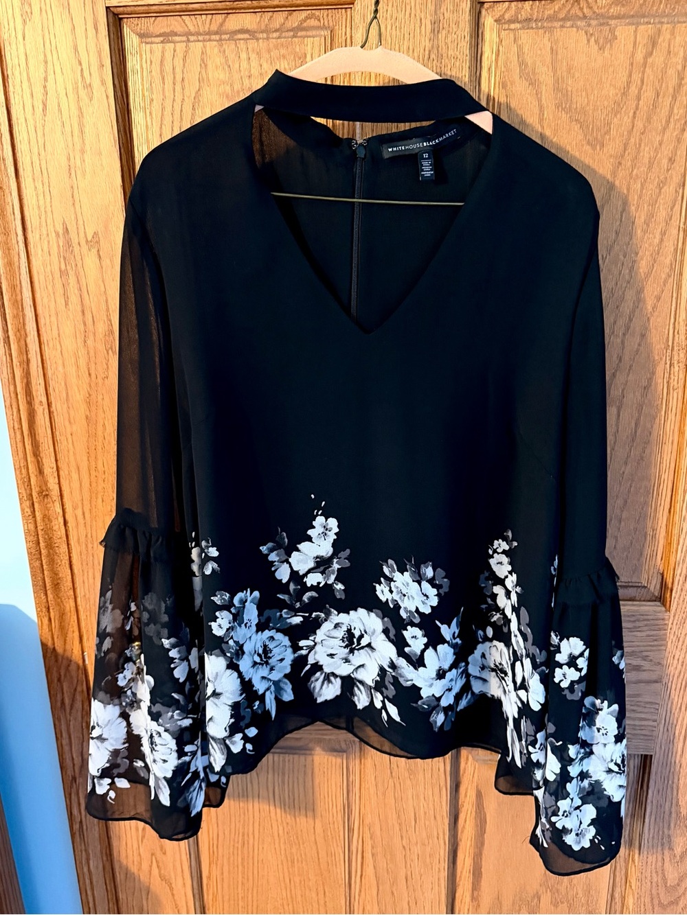 WHBM Black Semi Sheer Bell-Sleeve Floral Blouse